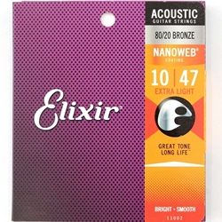 Elixir E11002 Nanoweb Coating, 80/20 Acoustic Guitar Strings -.010-.047, Extra Light