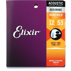 Elixir E11052 Nanoweb 80/20 Acoustic Guitar Strings -.012-.053 Light