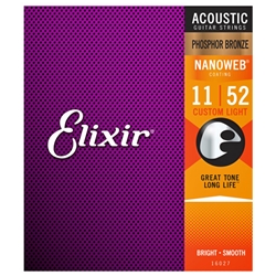 Elixir E16027 Nanoweb Phosphor Bronze Acoustic Guitar Strings -.011-.052 Custom Light